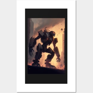 Giant futuristic robot cyborg monster attacking the city Posters and Art